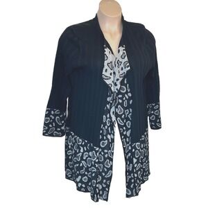 Misook‎ Women's Waterfall Cardigan XL Black White Paisley Ribbed Knit Stretch